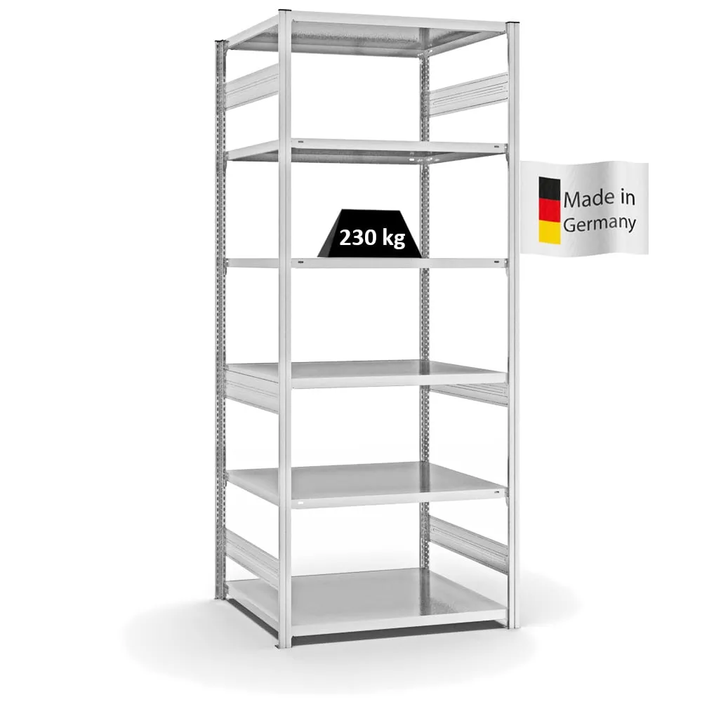 Fachbodenregal Stecksystem T-Profil | Grundregal | HxBxT 250x100x80cm | 6 Ebenen | Fachlast 230 kg | Beidseitig nutzbar | Lichtgrau