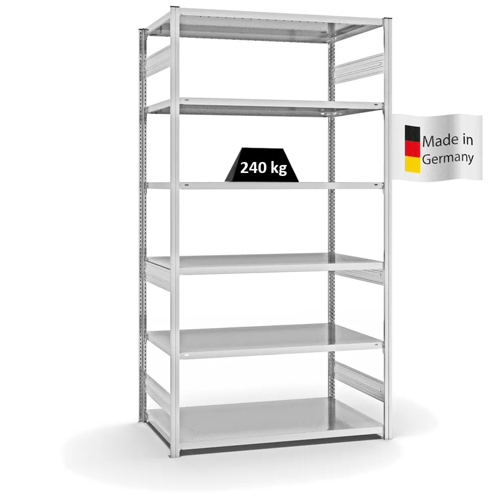 Fachbodenregal Stecksystem T-Profil | Grundregal | HxBxT 250x130x80cm | 6 Ebenen | Fachlast 240 kg | Beidseitig nutzbar | Lichtgrau