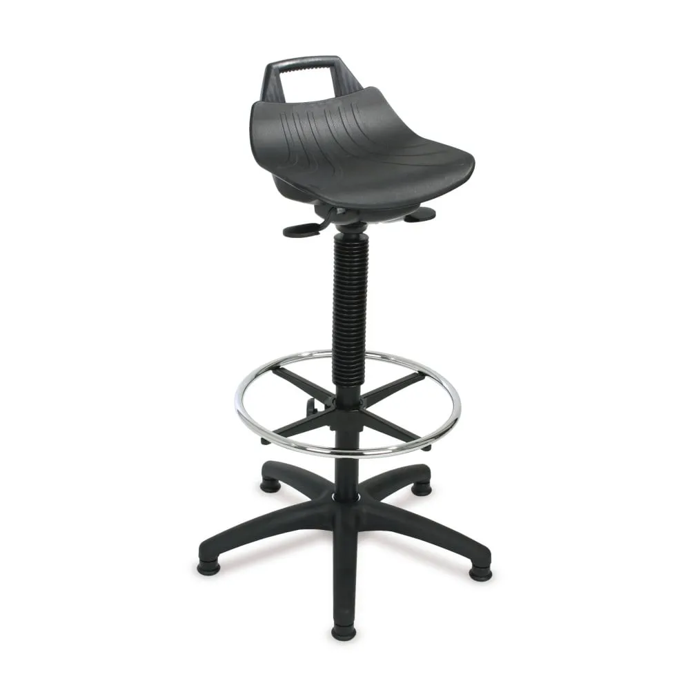 Stehhilfe Denver Hoch | Sitzhöhe 61-86cm | Ø 63cm | Tragfähigkeit 110kg | Kunststoff-Fußkreuz mit Fußring & Gleiter | mit hochgezogener Rückenstütze und Tragegriff | Schwarz