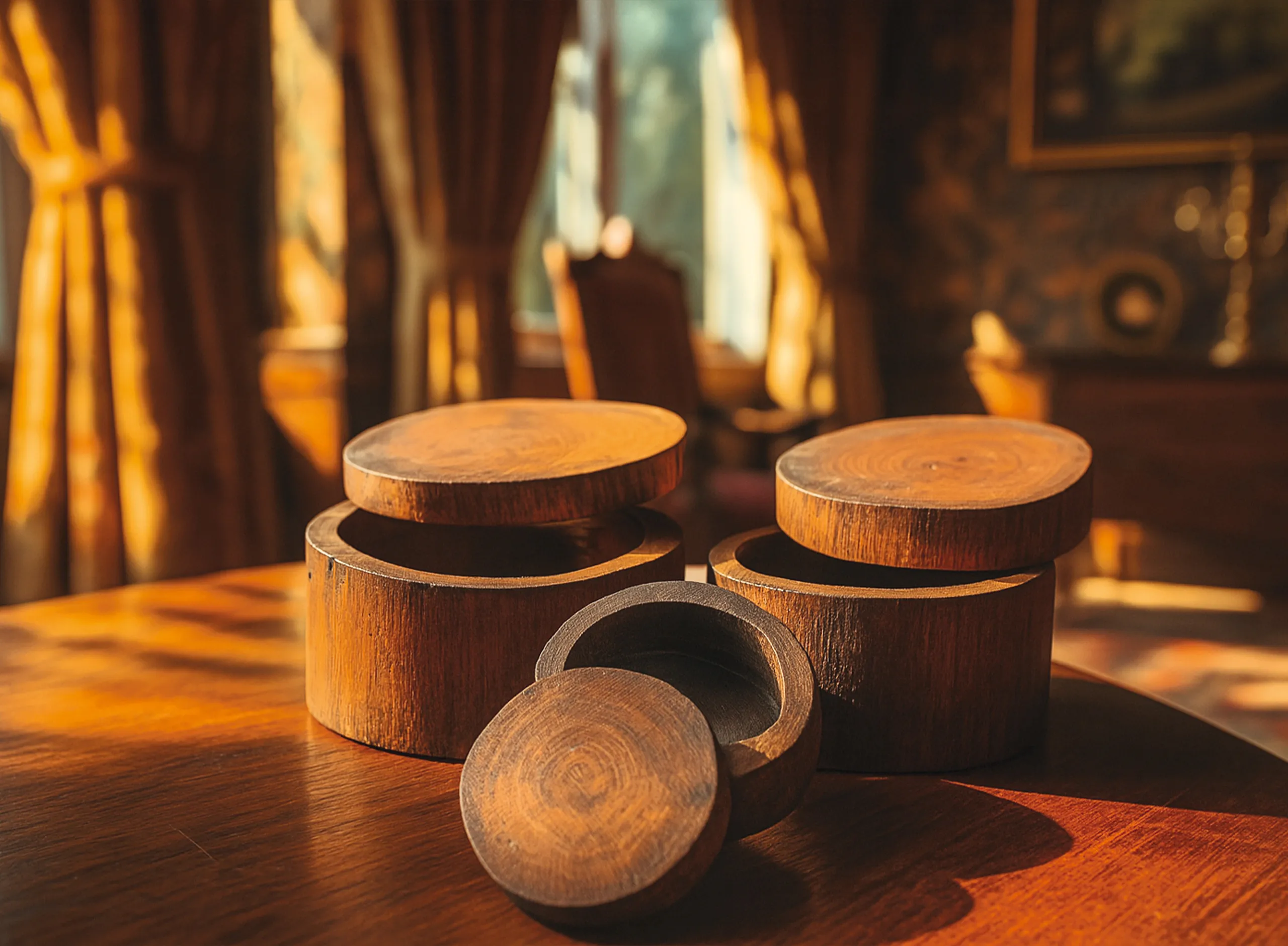 Holzschachtel aus Teak, rund, Ø 10 cm, H 7 cm