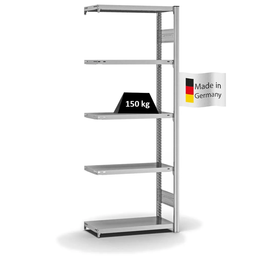 Fachbodenregal Stecksystem T-Profil | Anbauregal | HxBxT 200x75x30cm | 5 Ebenen | Fachlast 150 kg | Beidseitig nutzbar | Verzinkt