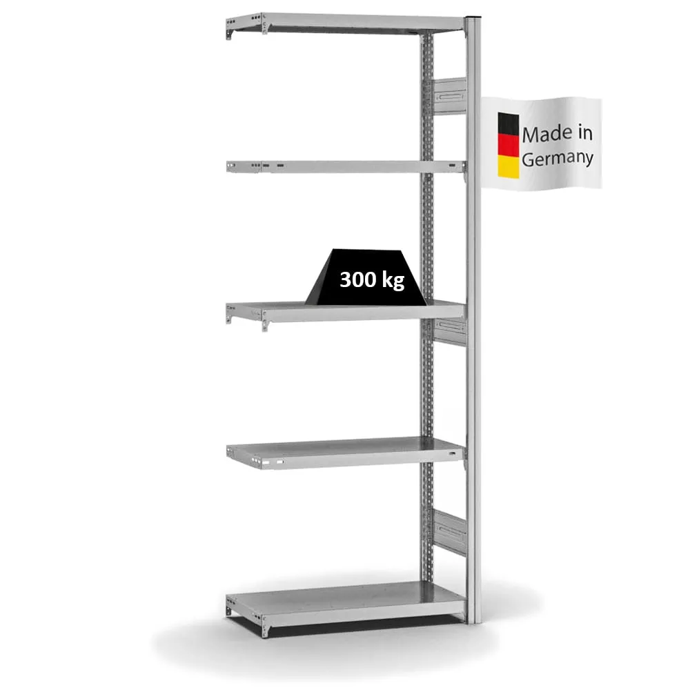 Fachbodenregal Stecksystem T-Profil | Anbauregal | HxBxT 200x75x30cm | 5 Ebenen | Fachlast 300 kg | Beidseitig nutzbar | Verzinkt