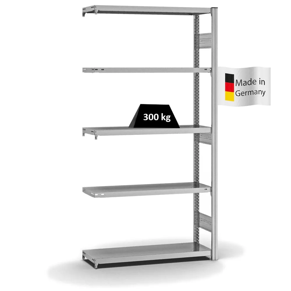 Fachbodenregal Stecksystem T-Profil | Anbauregal | HxBxT 200x100x30cm | 5 Ebenen | Fachlast 300 kg | Beidseitig nutzbar | Verzinkt