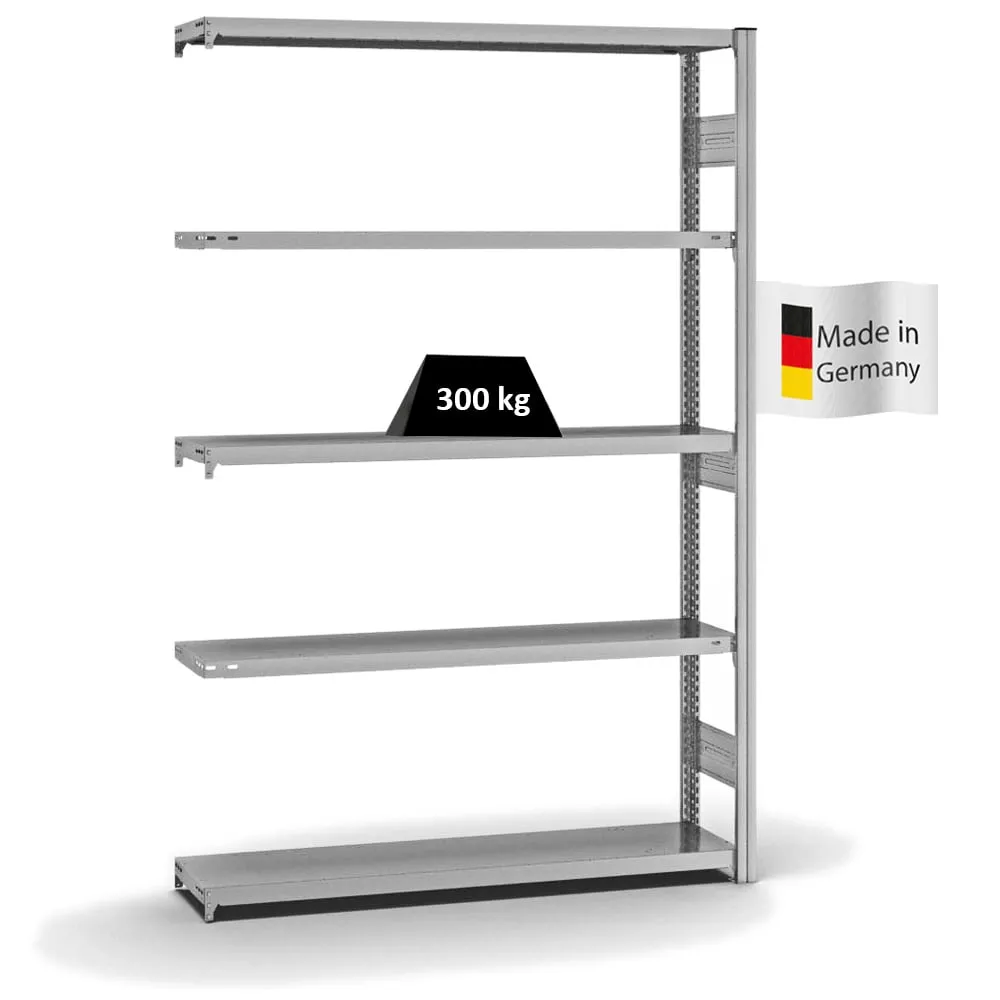 Fachbodenregal Stecksystem T-Profil | Anbauregal | HxBxT 200x130x30cm | 5 Ebenen | Fachlast 300 kg | Beidseitig nutzbar | Verzinkt
