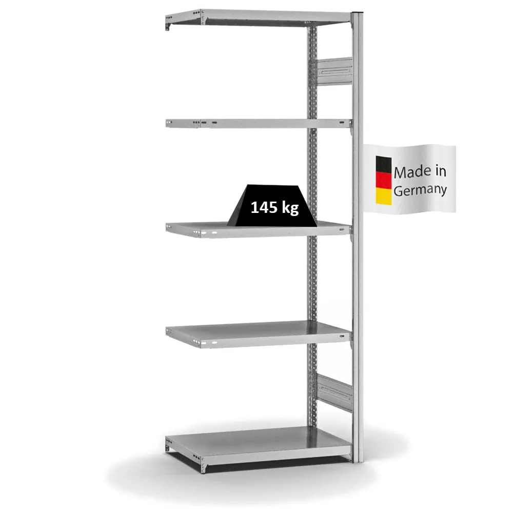 Fachbodenregal Stecksystem T-Profil | Anbauregal | HxBxT 200x75x40cm | 5 Ebenen | Fachlast 145 kg | Beidseitig nutzbar | Verzinkt