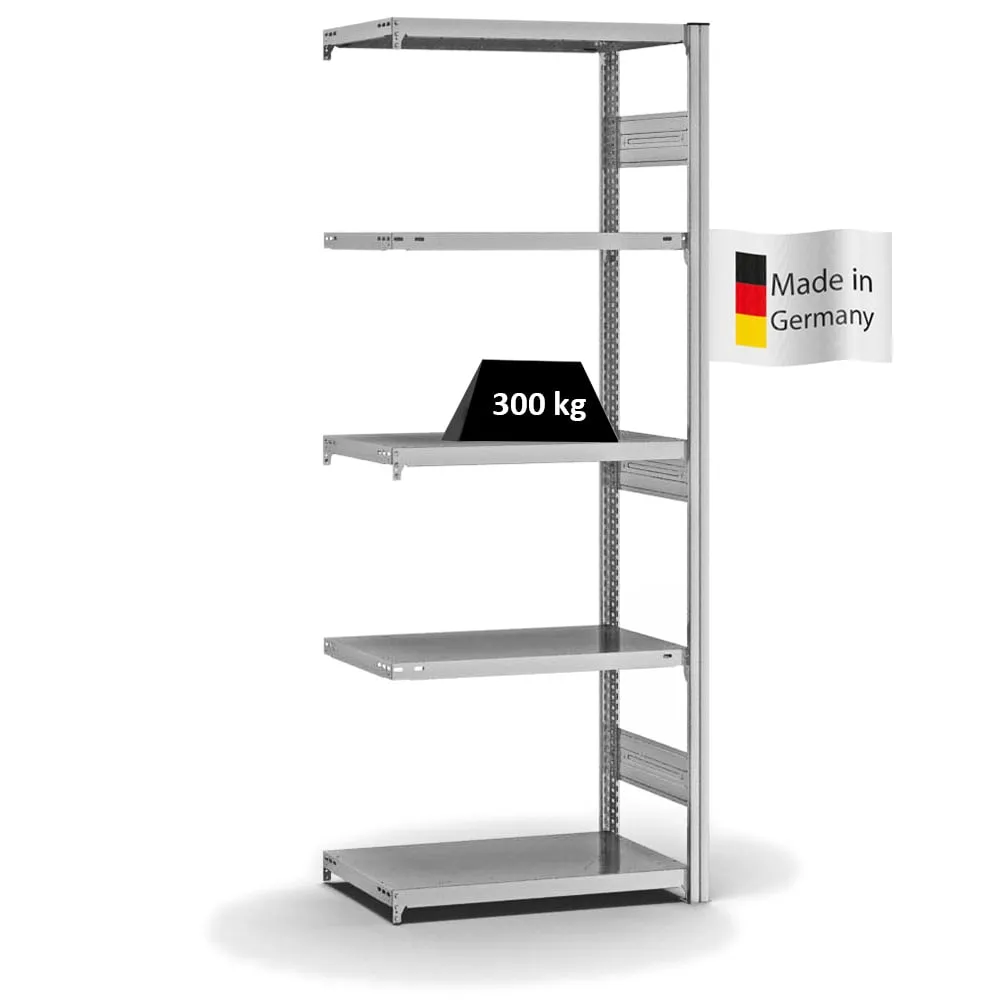 Fachbodenregal Stecksystem T-Profil | Anbauregal | HxBxT 200x75x40cm | 5 Ebenen | Fachlast 315 kg | Beidseitig nutzbar | Verzinkt
