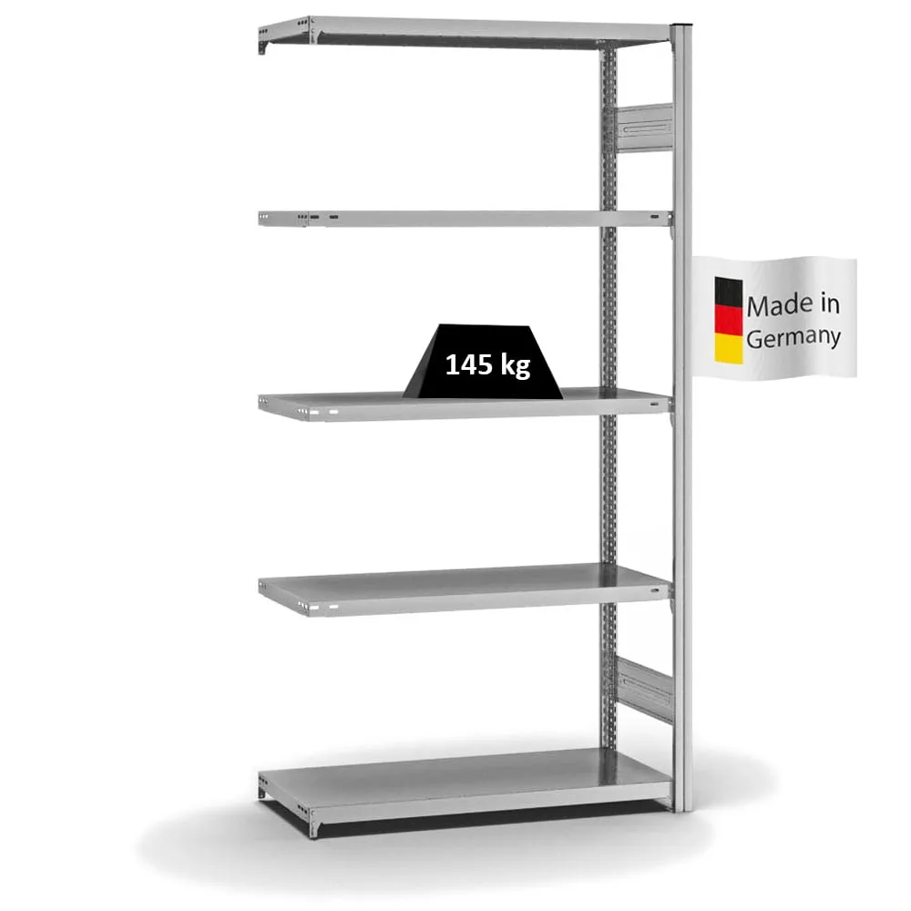 Fachbodenregal Stecksystem T-Profil | Anbauregal | HxBxT 200x100x40cm | 5 Ebenen | Fachlast 145 kg | Beidseitig nutzbar | Verzinkt