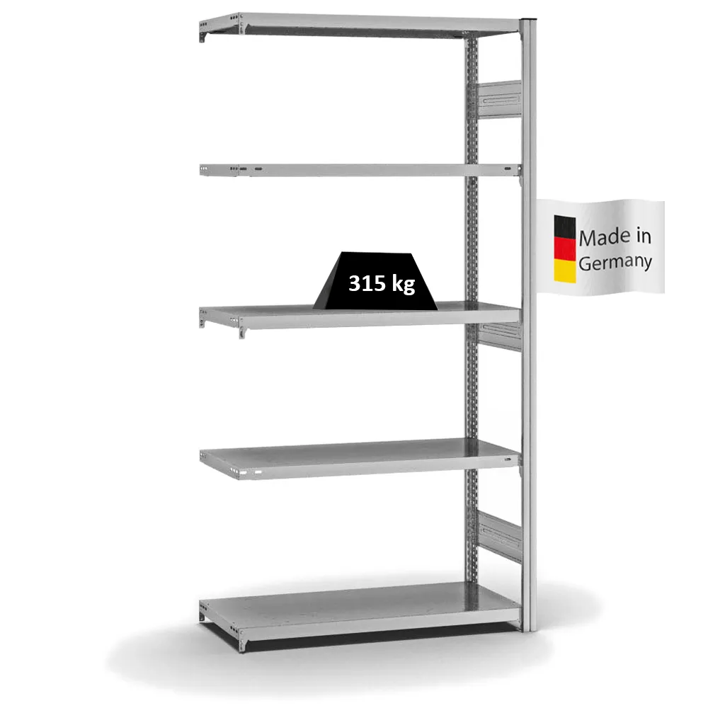 Fachbodenregal Stecksystem T-Profil | Anbauregal | HxBxT 200x100x40cm | 5 Ebenen | Fachlast 315 kg | Beidseitig nutzbar | Verzinkt