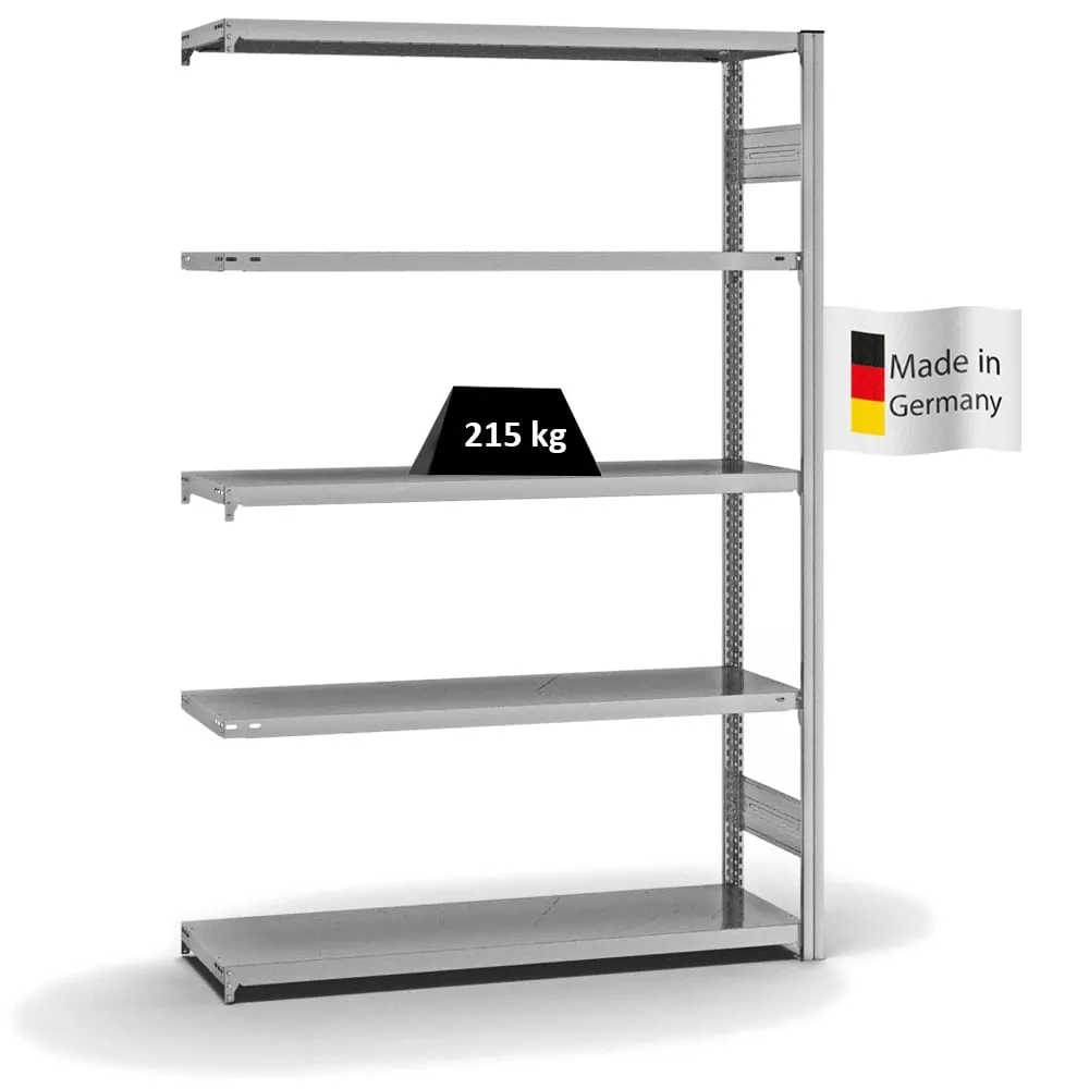 Fachbodenregal Stecksystem T-Profil | Anbauregal | HxBxT 200x130x40cm | 5 Ebenen | Fachlast 215 kg | Beidseitig nutzbar | Verzinkt