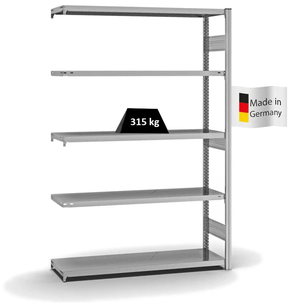 Fachbodenregal Stecksystem T-Profil | Anbauregal | HxBxT 200x130x40cm | 5 Ebenen | Fachlast 315 kg | Beidseitig nutzbar | Verzinkt