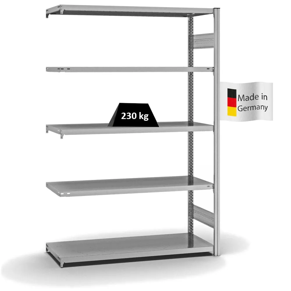 Fachbodenregal Stecksystem T-Profil | Anbauregal | HxBxT 200x130x50cm | 5 Ebenen | Fachlast 230 kg | Beidseitig nutzbar | Verzinkt