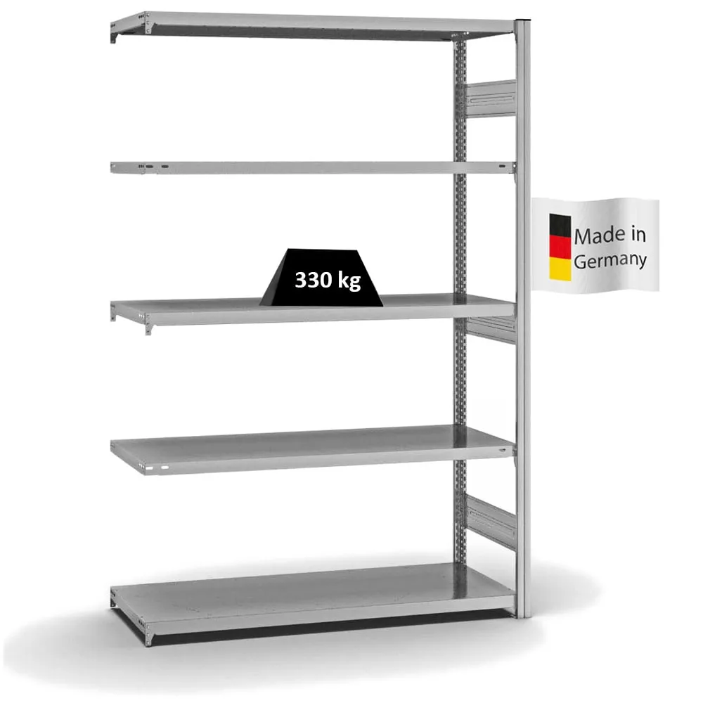 Fachbodenregal Stecksystem T-Profil | Anbauregal | HxBxT 200x130x50cm | 5 Ebenen | Fachlast 330 kg | Beidseitig nutzbar | Verzinkt