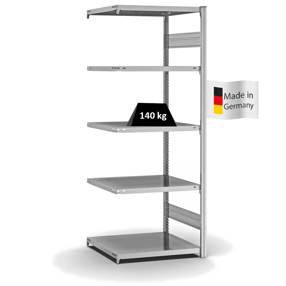 Fachbodenregal Stecksystem T-Profil | Anbauregal | HxBxT 200x75x60cm | 5 Ebenen | Fachlast 140 kg | Beidseitig nutzbar | Verzinkt