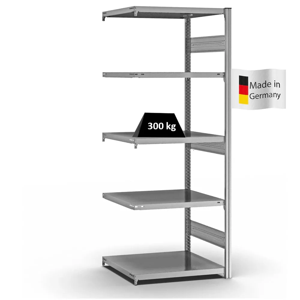 Fachbodenregal Stecksystem T-Profil | Anbauregal | HxBxT 200x75x60cm | 5 Ebenen | Fachlast 330 kg | Beidseitig nutzbar | Verzinkt
