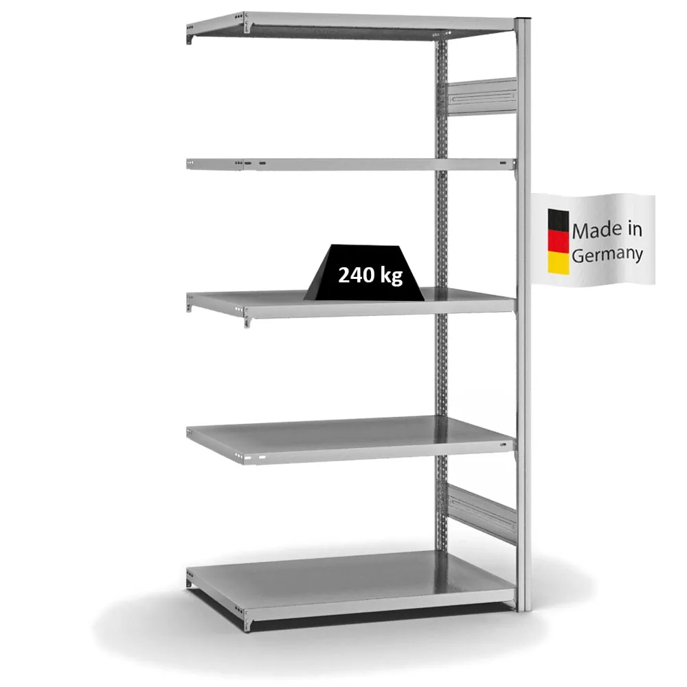 Fachbodenregal Stecksystem T-Profil | Anbauregal | HxBxT 200x100x60cm | 5 Ebenen | Fachlast 240 kg | Beidseitig nutzbar | Verzinkt