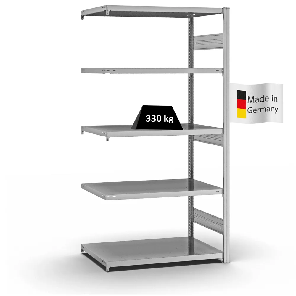 Fachbodenregal Stecksystem T-Profil | Anbauregal | HxBxT 200x100x60cm | 5 Ebenen | Fachlast 330 kg | Beidseitig nutzbar | Verzinkt