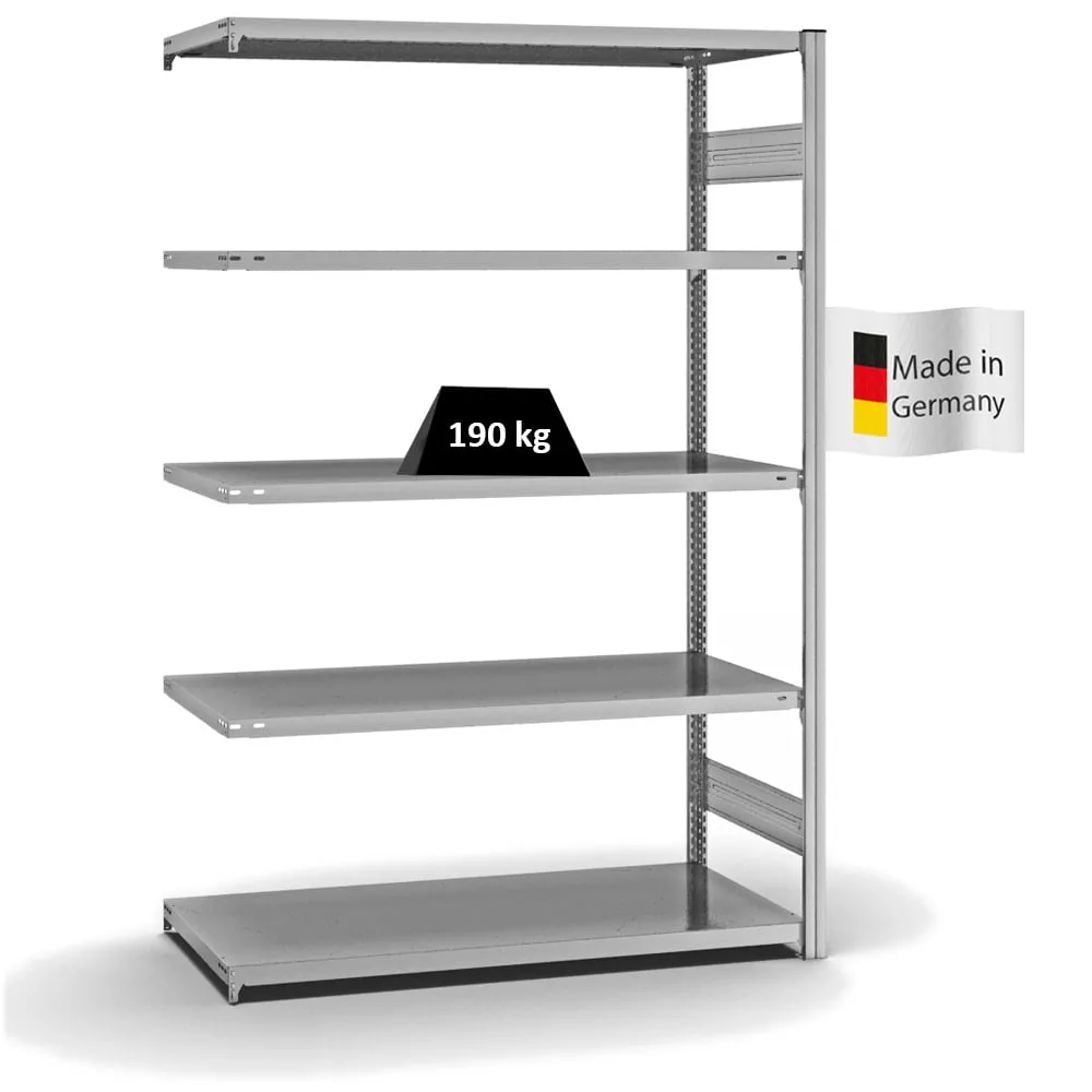 Fachbodenregal Stecksystem T-Profil | Anbauregal | HxBxT 200x130x60cm | 5 Ebenen | Fachlast 190 kg | Beidseitig nutzbar | Verzinkt
