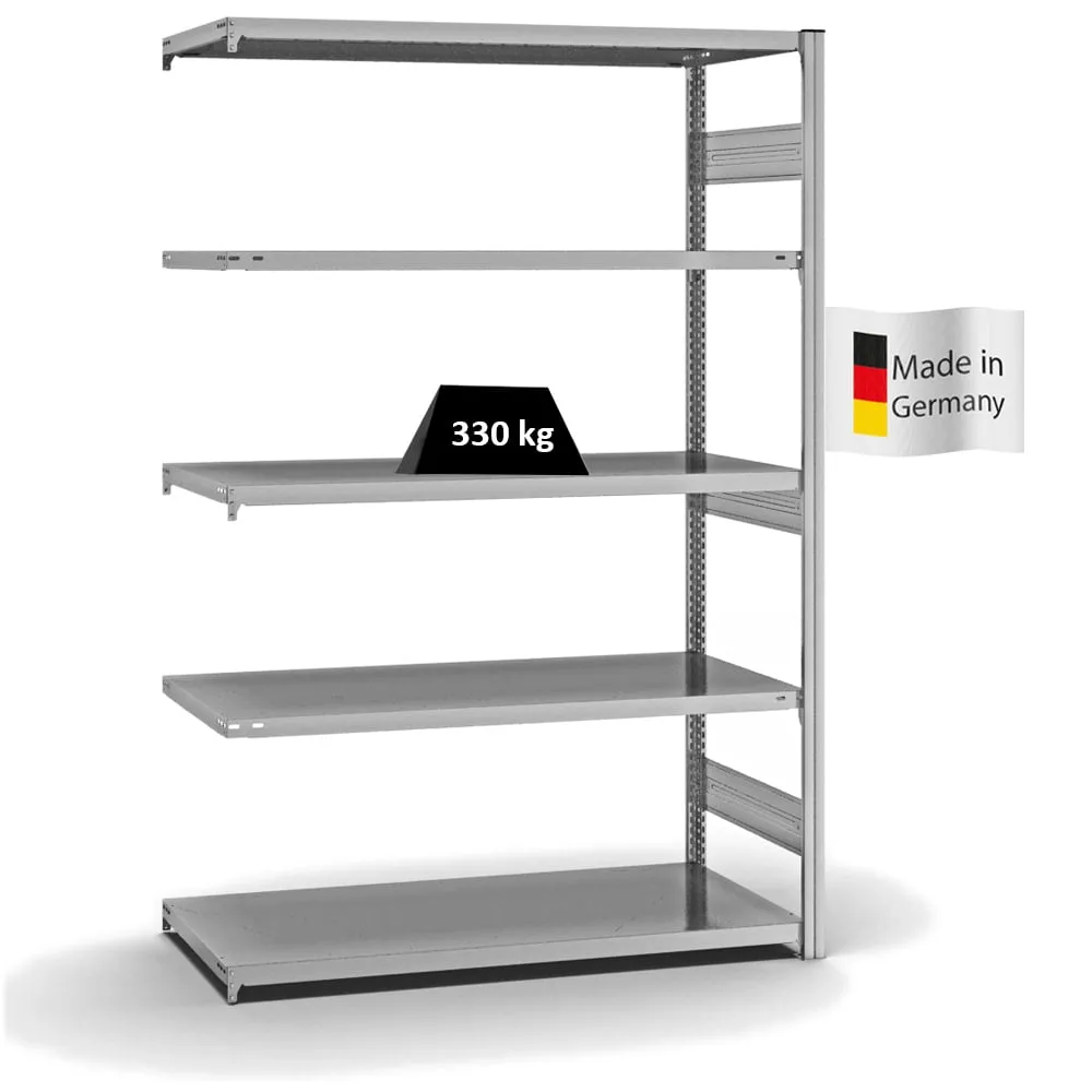 Fachbodenregal Stecksystem T-Profil | Anbauregal | HxBxT 200x130x60cm | 5 Ebenen | Fachlast 330 kg | Beidseitig nutzbar | Verzinkt