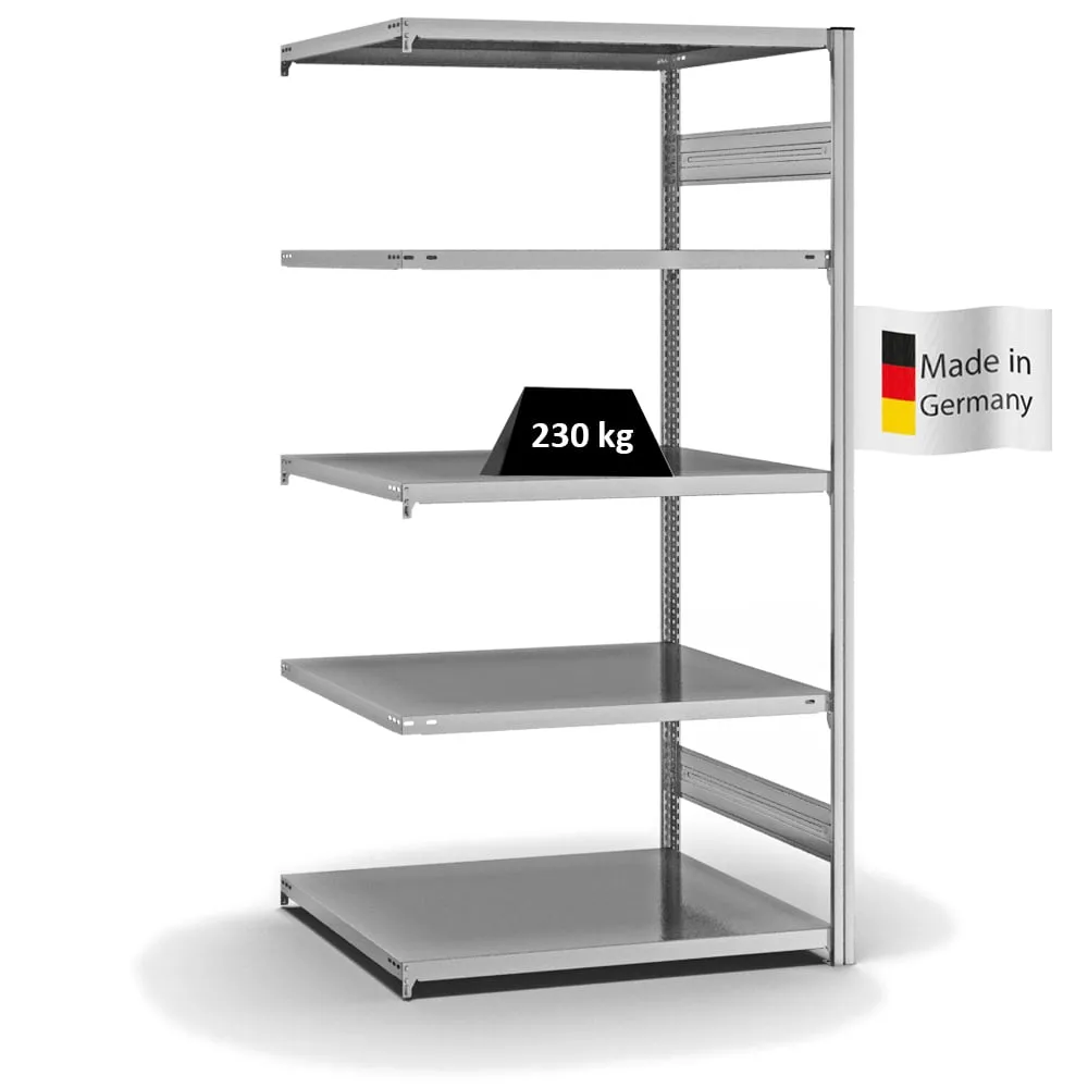 Fachbodenregal Stecksystem T-Profil | Anbauregal | HxBxT 200x100x80cm | 5 Ebenen | Fachlast 230 kg | Beidseitig nutzbar | Verzinkt