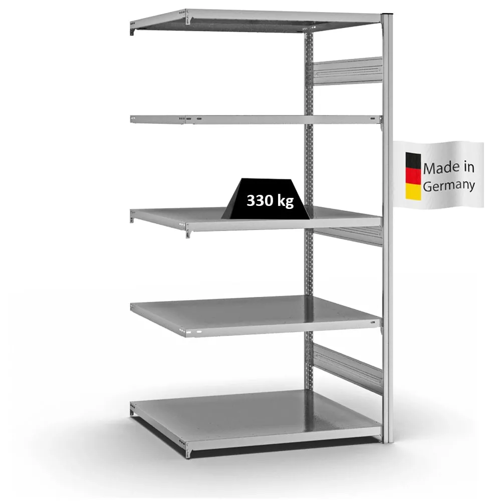 Fachbodenregal Stecksystem T-Profil | Anbauregal | HxBxT 200x100x80cm | 5 Ebenen | Fachlast 330 kg | Beidseitig nutzbar | Verzinkt