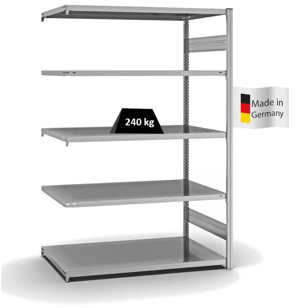 Fachbodenregal Stecksystem T-Profil | Anbauregal | HxBxT 200x130x80cm | 5 Ebenen | Fachlast 240 kg | Beidseitig nutzbar | Verzinkt