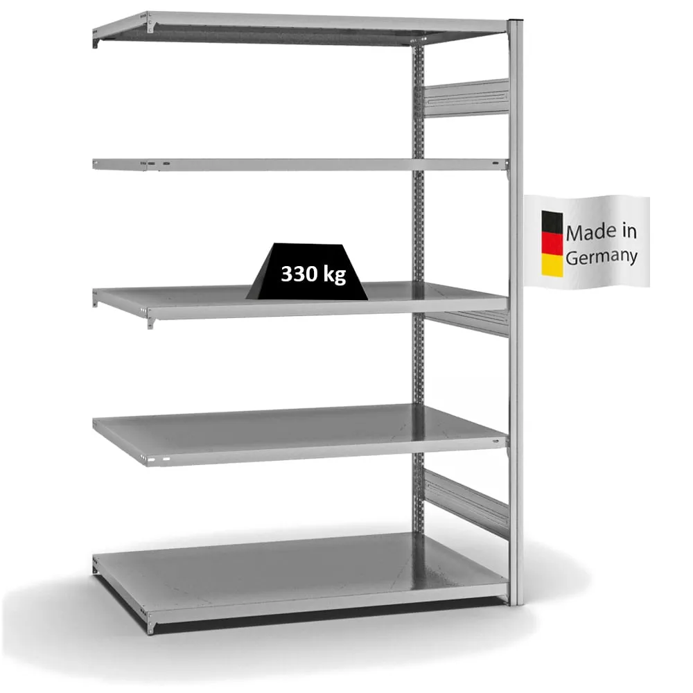 Fachbodenregal Stecksystem T-Profil | Anbauregal | HxBxT 200x130x80cm | 5 Ebenen | Fachlast 330 kg | Beidseitig nutzbar | Verzinkt