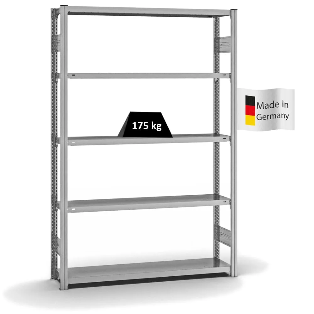 Fachbodenregal Stecksystem T-Profil | Grundregal | HxBxT 200x130x30cm | 5 Ebenen | Fachlast 175 kg | Beidseitig nutzbar | Verzinkt