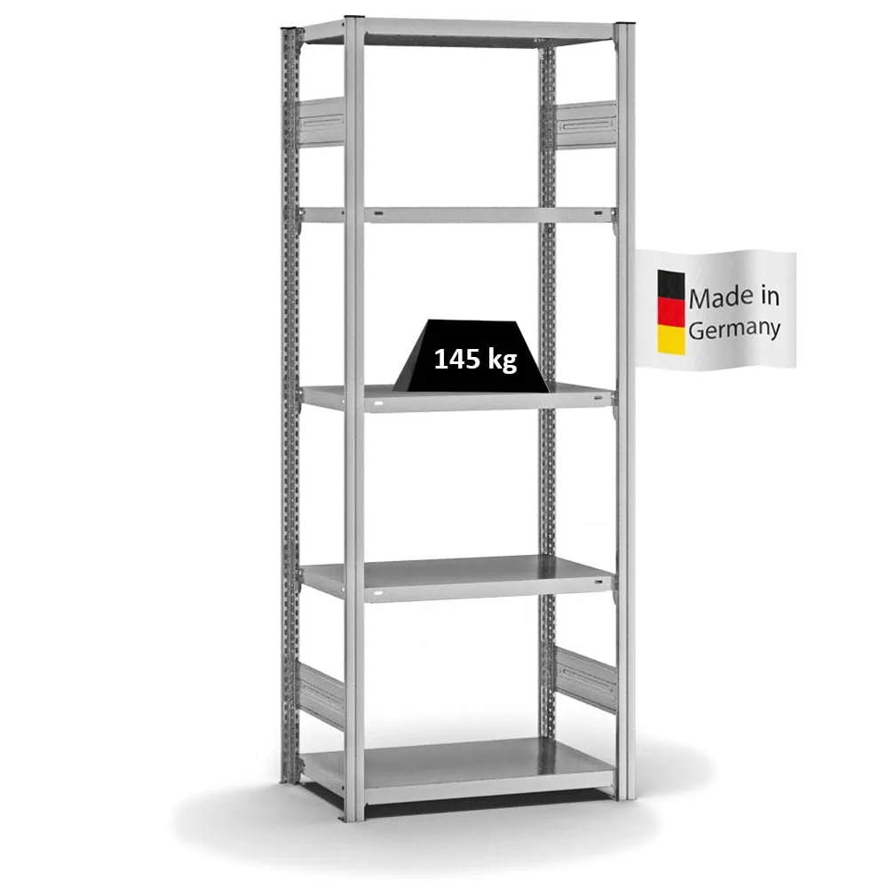 Fachbodenregal Stecksystem T-Profil | Grundregal | HxBxT 200x75x40cm | 5 Ebenen | Fachlast 145 kg | Beidseitig nutzbar | Verzinkt