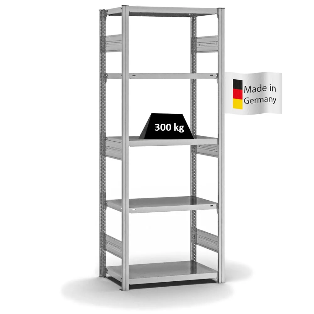 Fachbodenregal Stecksystem T-Profil | Grundregal | HxBxT 200x75x40cm | 5 Ebenen | Fachlast 315 kg | Beidseitig nutzbar | Verzinkt