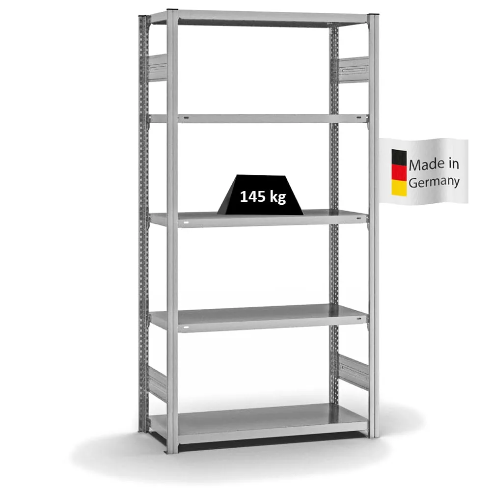 Fachbodenregal Stecksystem T-Profil | Grundregal | HxBxT 200x100x40cm | 5 Ebenen | Fachlast 145 kg | Beidseitig nutzbar | Verzinkt