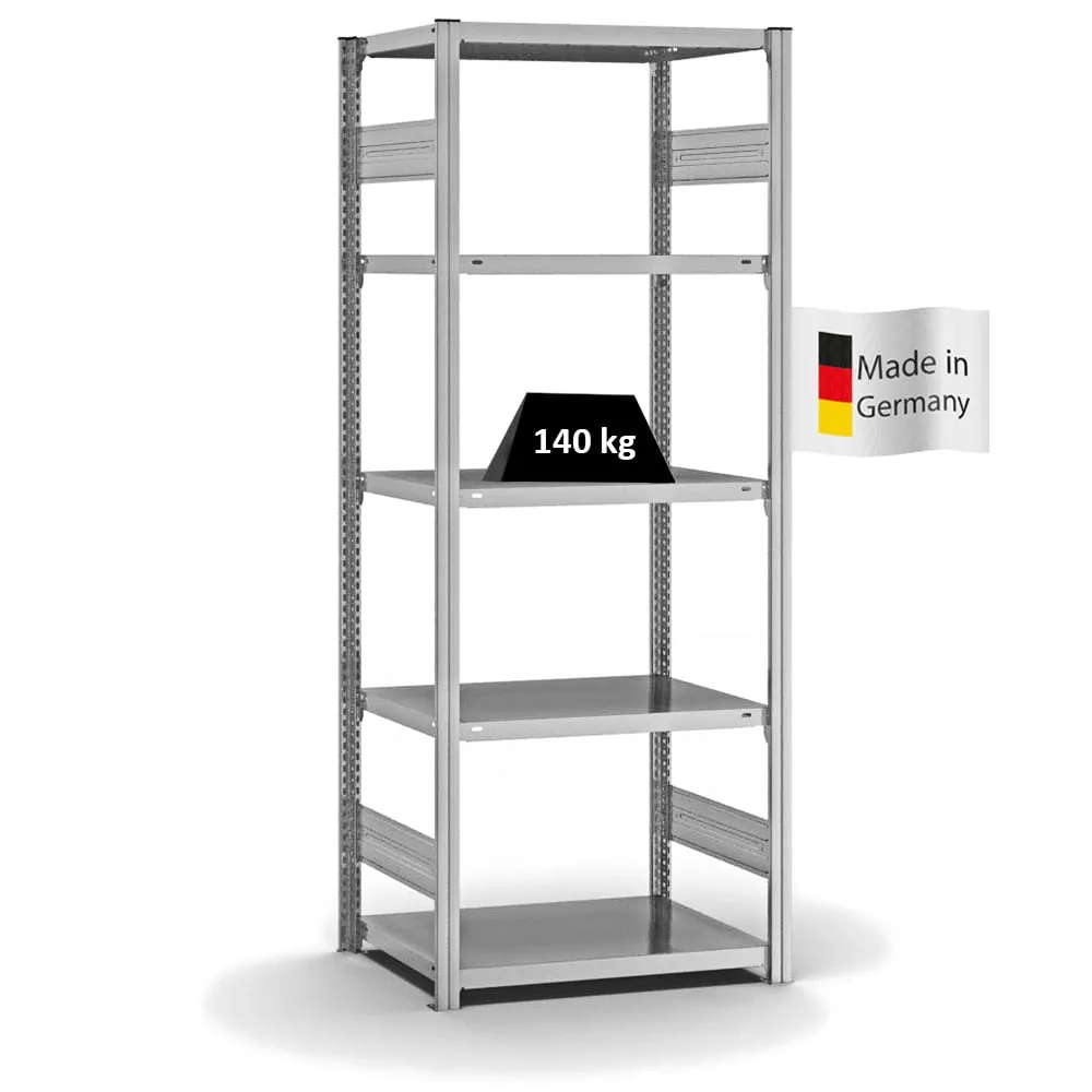 Fachbodenregal Stecksystem T-Profil | Grundregal | HxBxT 200x75x50cm | 5 Ebenen | Fachlast 140 kg | Beidseitig nutzbar | Verzinkt