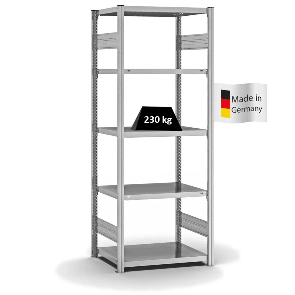 Fachbodenregal Stecksystem T-Profil | Grundregal | HxBxT 200x75x50cm | 5 Ebenen | Fachlast 230 kg | Beidseitig nutzbar | Verzinkt