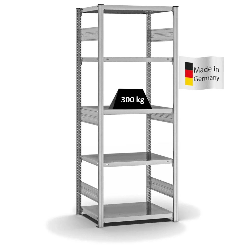 Fachbodenregal Stecksystem T-Profil | Grundregal | HxBxT 200x75x50cm | 5 Ebenen | Fachlast 330 kg | Beidseitig nutzbar | Verzinkt