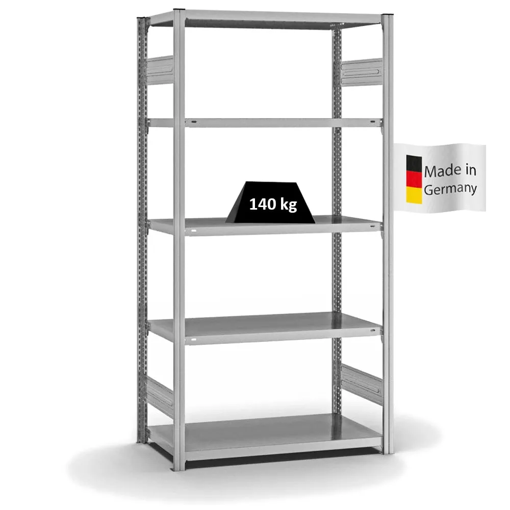 Fachbodenregal Stecksystem T-Profil | Grundregal | HxBxT 200x100x50cm | 5 Ebenen | Fachlast 140 kg | Beidseitig nutzbar | Verzinkt