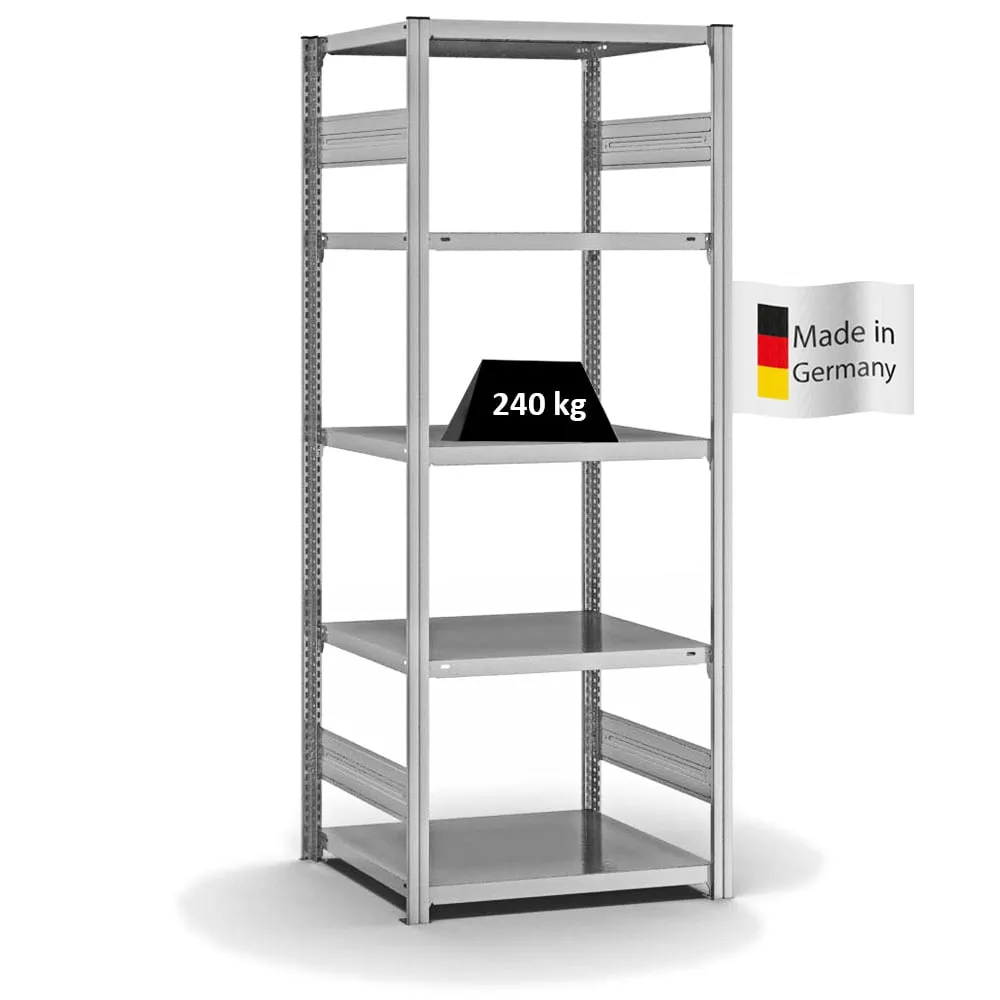 Fachbodenregal Stecksystem T-Profil | Grundregal | HxBxT 200x75x60cm | 5 Ebenen | Fachlast 240 kg | Beidseitig nutzbar | Verzinkt