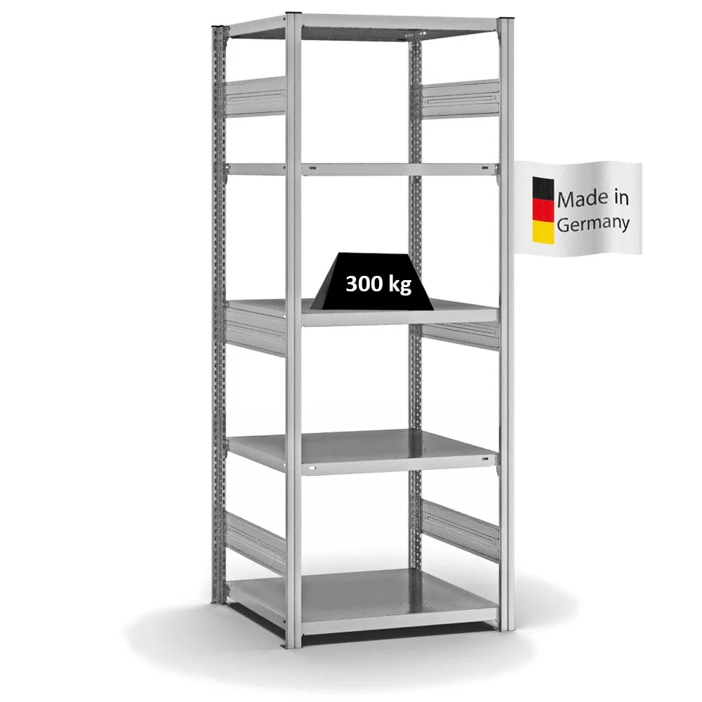 Fachbodenregal Stecksystem T-Profil | Grundregal | HxBxT 200x75x60cm | 5 Ebenen | Fachlast 330 kg | Beidseitig nutzbar | Verzinkt
