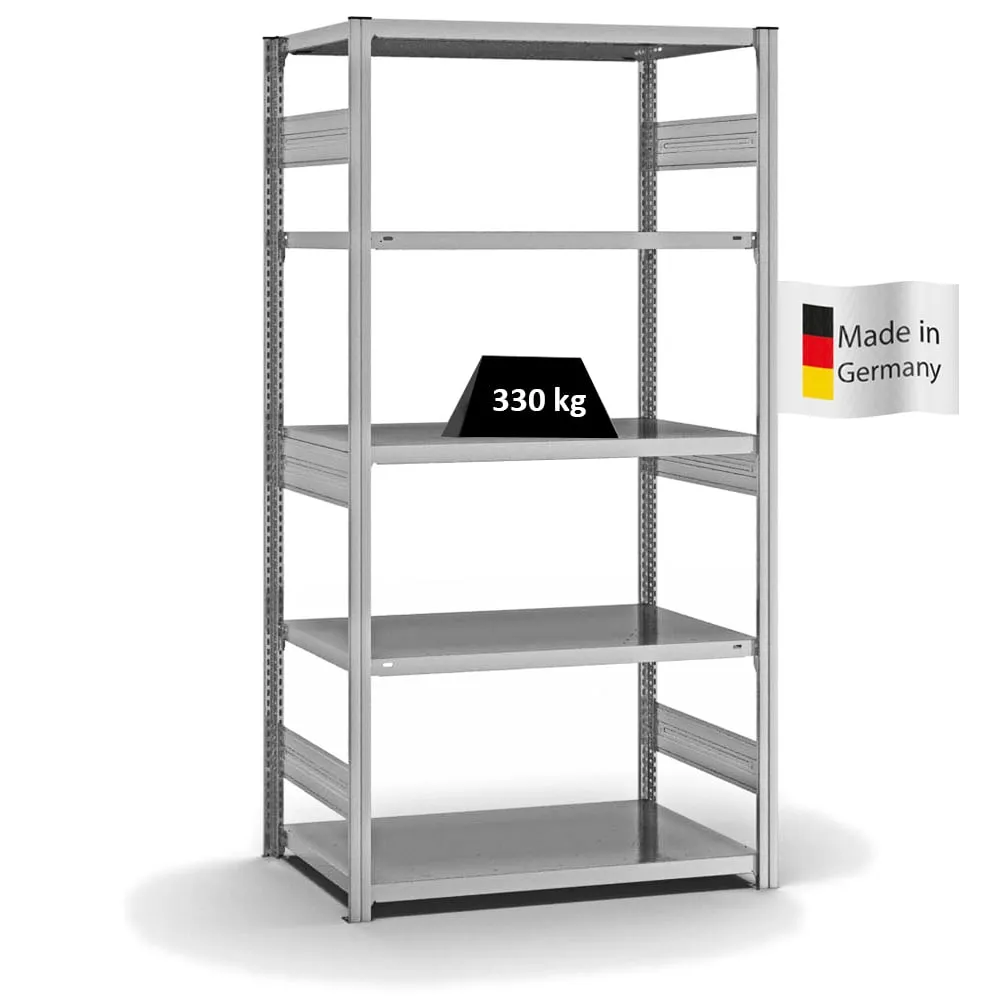 Fachbodenregal Stecksystem T-Profil | Grundregal | HxBxT 200x100x60cm | 5 Ebenen | Fachlast 330 kg | Beidseitig nutzbar | Verzinkt