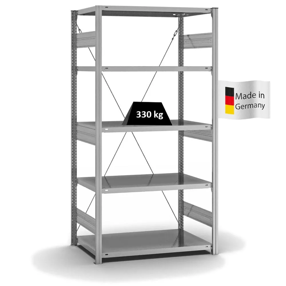 Fachbodenregal Stecksystem T-Profil | Grundregal | HxBxT 200x100x60cm | 5 Ebenen | Fachlast 330 kg | Einseitig nutzbar | Verzinkt