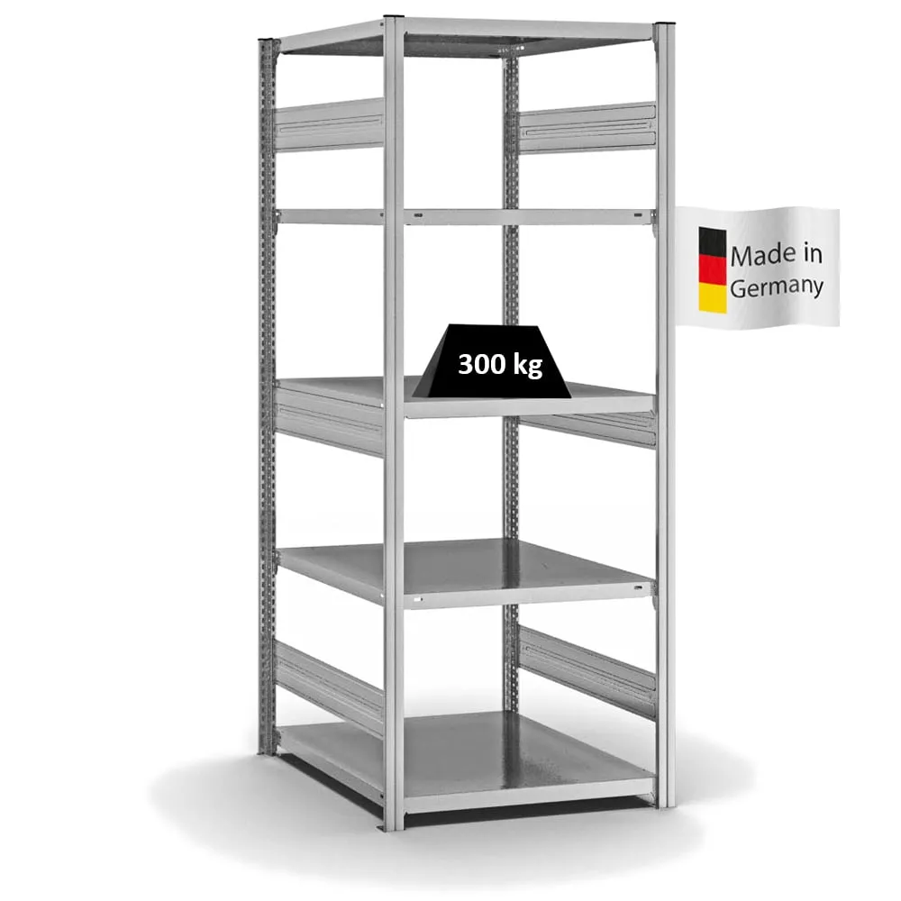 Fachbodenregal Stecksystem T-Profil | Grundregal | HxBxT 200x75x80cm | 5 Ebenen | Fachlast 330 kg | Beidseitig nutzbar | Verzinkt