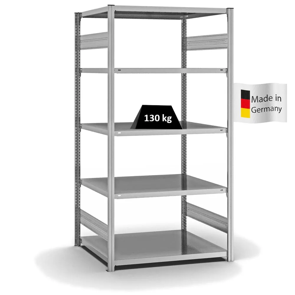 Fachbodenregal Stecksystem T-Profil | Grundregal | HxBxT 200x100x80cm | 5 Ebenen | Fachlast 130 kg | Beidseitig nutzbar | Verzinkt
