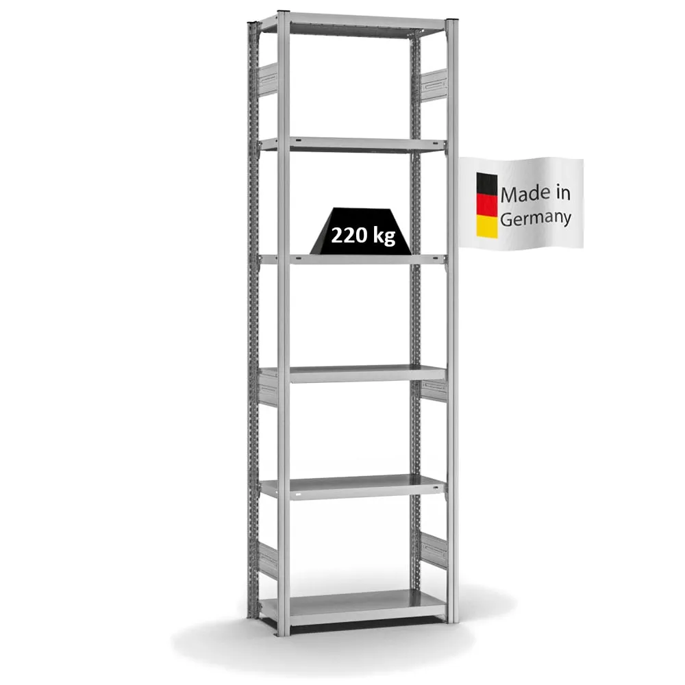 Fachbodenregal Stecksystem T-Profil | Grundregal | HxBxT 250x75x30cm | 6 Ebenen | Fachlast 220 kg | Beidseitig nutzbar | Verzinkt