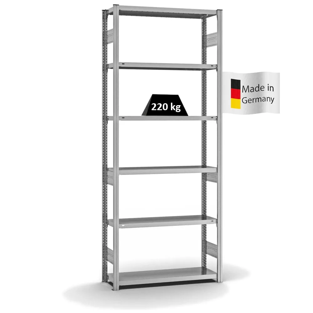 Fachbodenregal Stecksystem T-Profil | Grundregal | HxBxT 250x100x30cm | 6 Ebenen | Fachlast 220 kg | Beidseitig nutzbar | Verzinkt