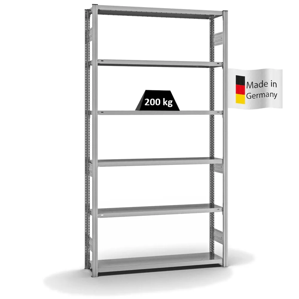 Fachbodenregal Stecksystem T-Profil | Grundregal | HxBxT 250x130x30cm | 6 Ebenen | Fachlast 200 kg | Beidseitig nutzbar | Verzinkt