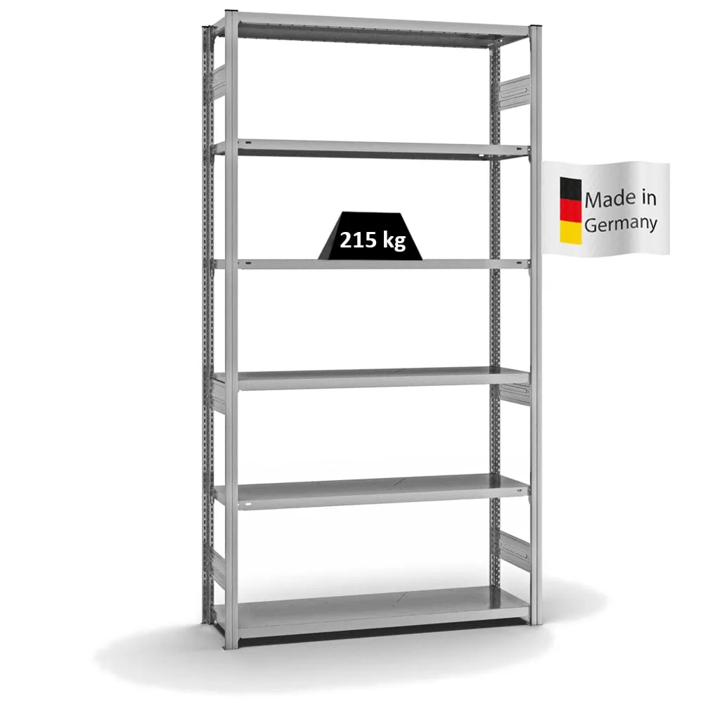 Fachbodenregal Stecksystem T-Profil | Grundregal | HxBxT 250x130x40cm | 6 Ebenen | Fachlast 215 kg | Beidseitig nutzbar | Verzinkt