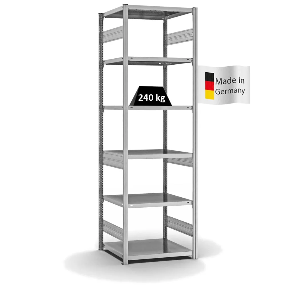 Fachbodenregal Stecksystem T-Profil | Grundregal | HxBxT 250x75x60cm | 6 Ebenen | Fachlast 240 kg | Beidseitig nutzbar | Verzinkt
