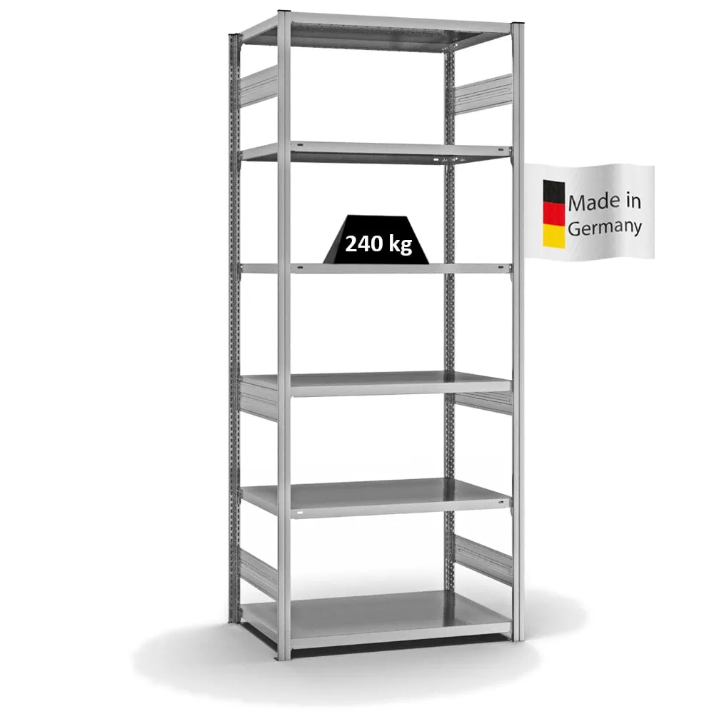 Fachbodenregal Stecksystem T-Profil | Grundregal | HxBxT 250x100x60cm | 6 Ebenen | Fachlast 240 kg | Beidseitig nutzbar | Verzinkt