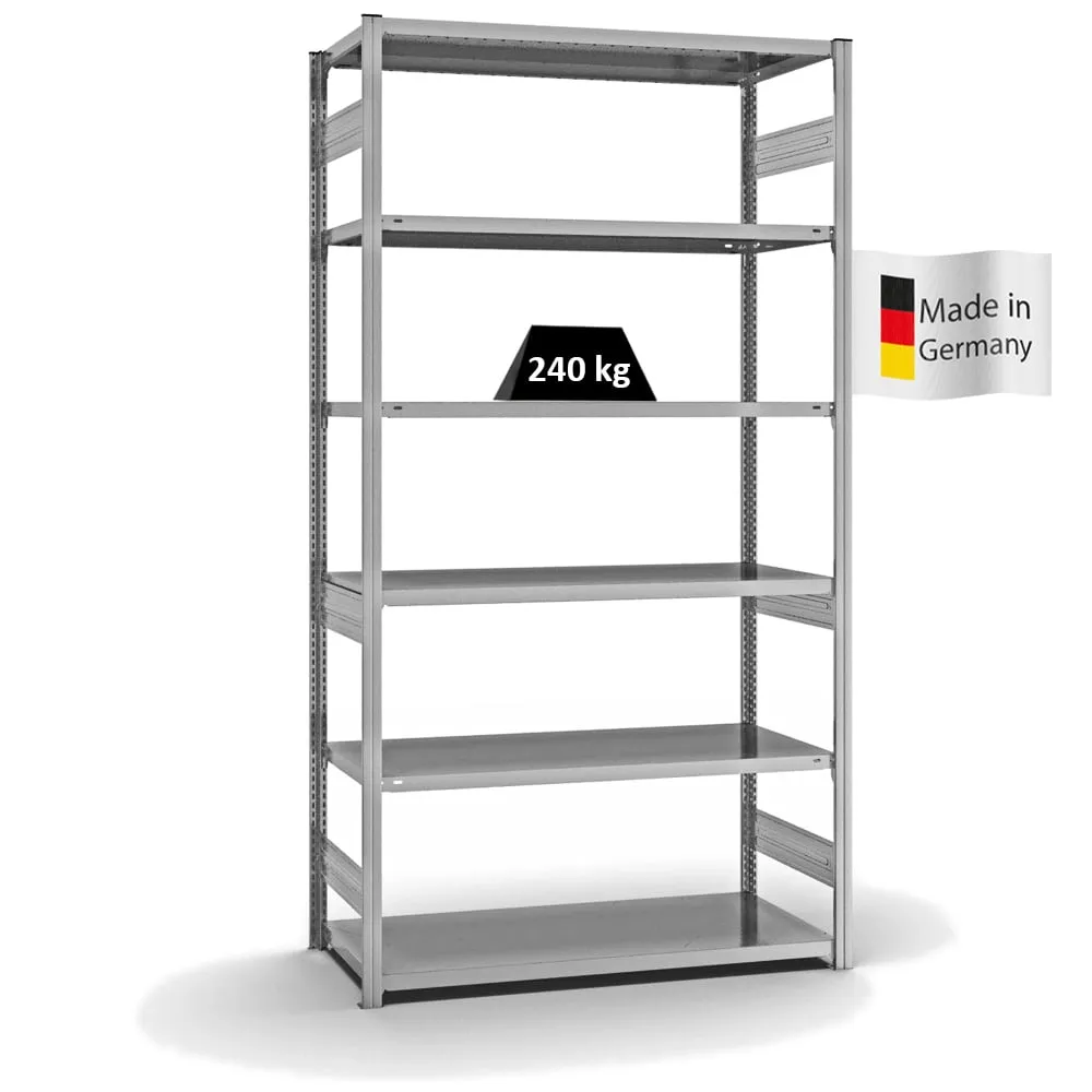 Fachbodenregal Stecksystem T-Profil | Grundregal | HxBxT 250x130x60cm | 6 Ebenen | Fachlast 240 kg | Beidseitig nutzbar | Verzinkt
