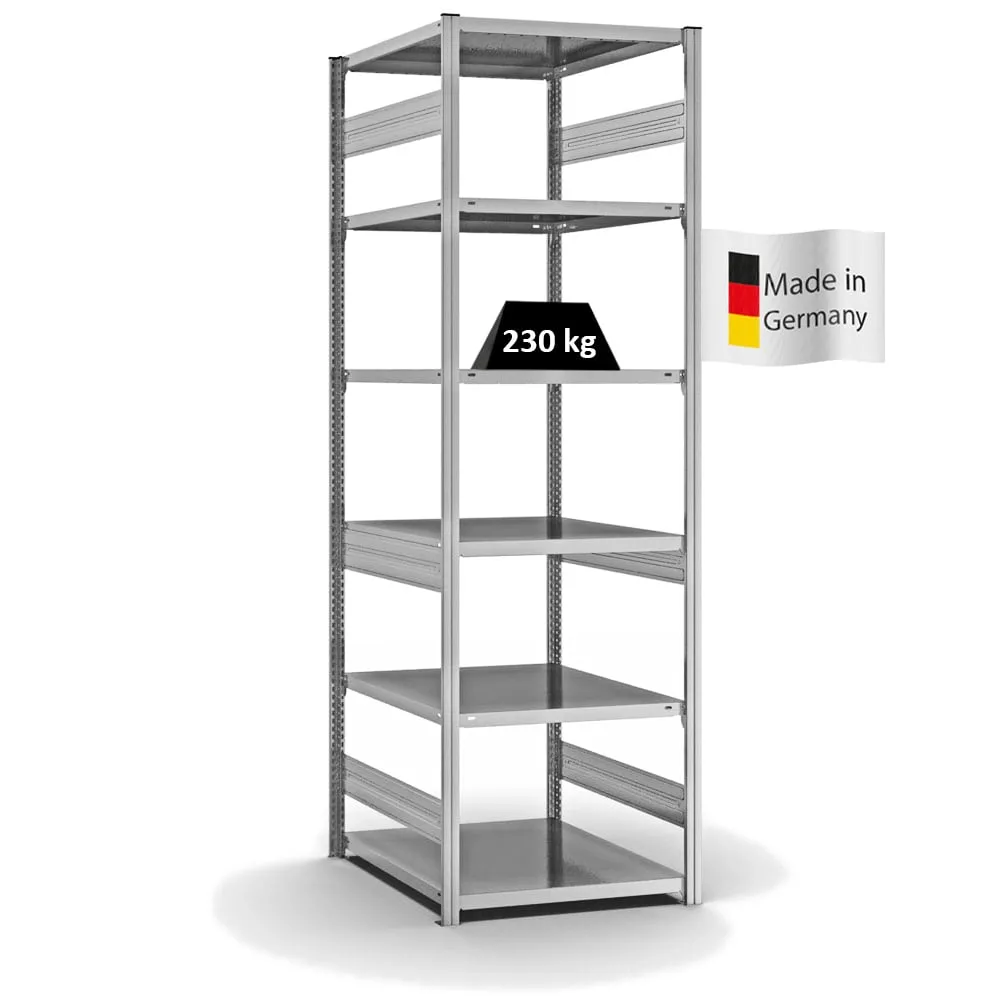 Fachbodenregal Stecksystem T-Profil | Grundregal | HxBxT 250x75x80cm | 6 Ebenen | Fachlast 230 kg | Beidseitig nutzbar | Verzinkt