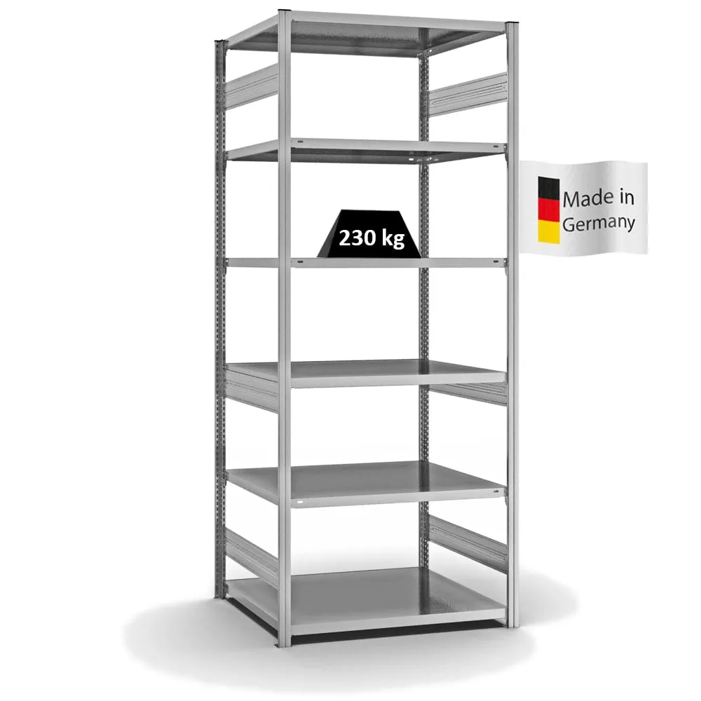 Fachbodenregal Stecksystem T-Profil | Grundregal | HxBxT 250x100x80cm | 6 Ebenen | Fachlast 230 kg | Beidseitig nutzbar | Verzinkt