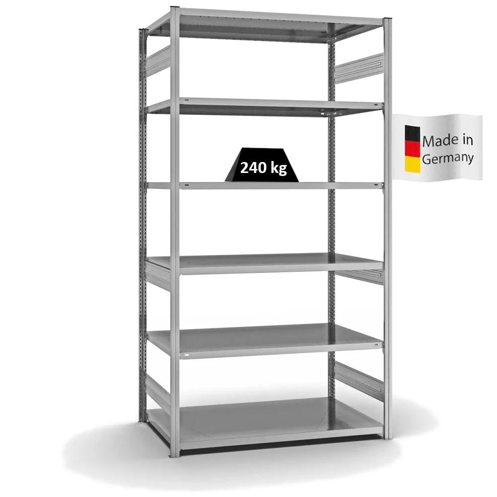 Fachbodenregal Stecksystem T-Profil | Grundregal | HxBxT 250x130x80cm | 6 Ebenen | Fachlast 240 kg | Beidseitig nutzbar | Verzinkt